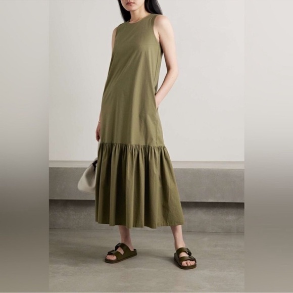The Frankie Shop LouLou Flouncy Hem Midi Dress - Khaki green size medium cotton - Picture 1 of 11